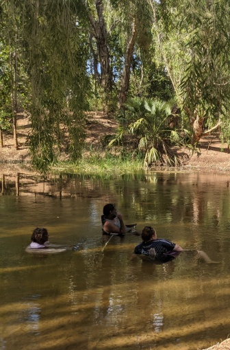 Three aboriginal people are sitting in a deep billabong surrounded by trees.