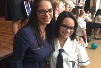 Nathaly and her daughter Laura in a school uniform