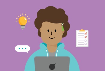 A cartoon image of a person with brown curly hair, blue hoodie and hearing aid, sitting at a laptop computer, with 3 images floating around them: a light bulb, a checklist and three dots.